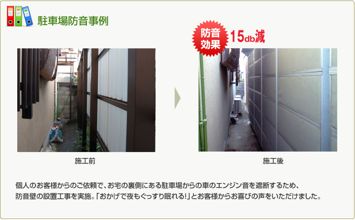 個人のお客様からのご依頼で、お宅の裏側にある駐車場からの車のエンジン音を遮断するため、防音壁の設置工事を実施。「おかげで夜もぐっすり眠れる！」とお客様からお喜びの声をいただけました。
